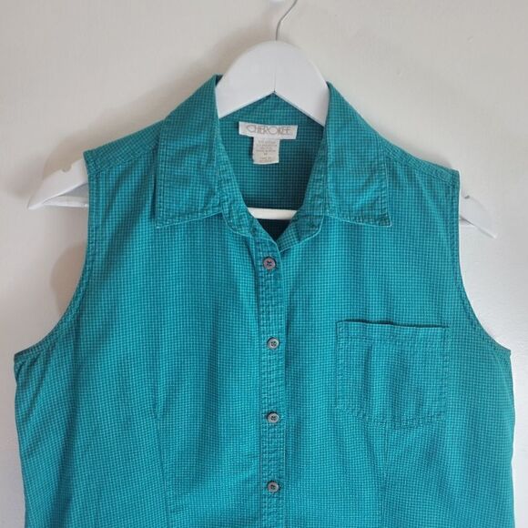 VintageāCherokeeāTealĀ BlueāSleevelessāGridlineāShirt - Picture 7 of 9
